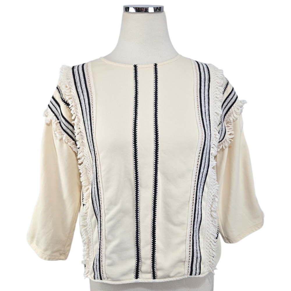 Eri + Ali Santillana Fringe Blouse Anthro Size Medium Boho Country Neutral
